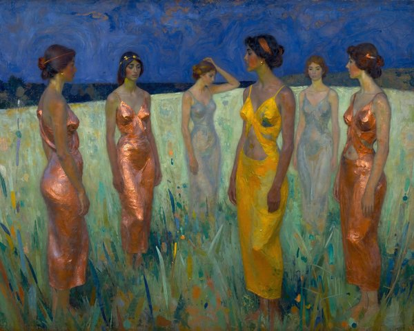 Six Women in Long Dresses in a Field Under Cloudy Sky