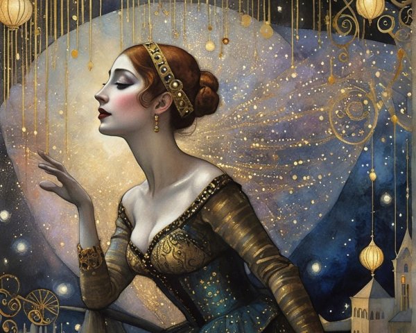 Elegant figure in gown with celestial background
