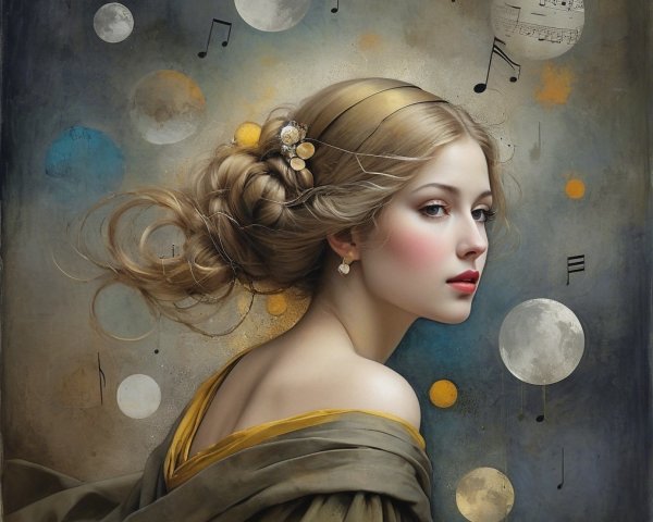 Serene Young Woman with Celestial Background Elements