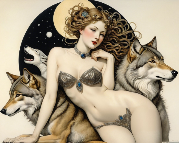 Ethereal Woman with Wolves Under a Full Moon