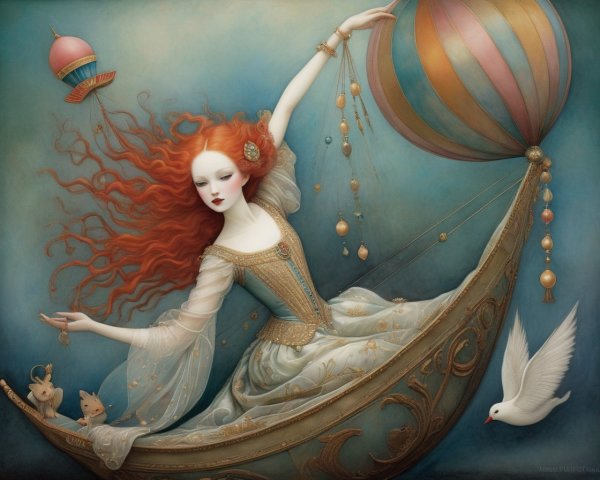 Surreal painting: Woman with red hair in ship-like dress, surrounded by whimsical elements