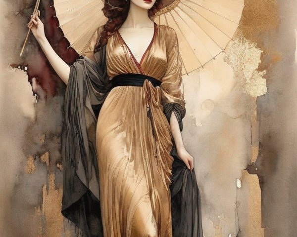 Elegant woman in golden dress with umbrella in vintage setting