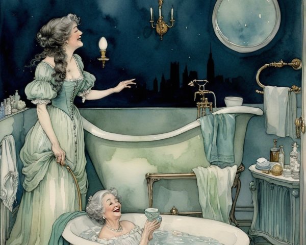 Whimsical Bathroom Scene with Two Women Enjoying Moments