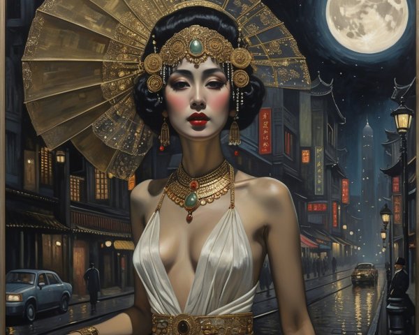 Glamorous Woman in White Dress Against City Nightscape