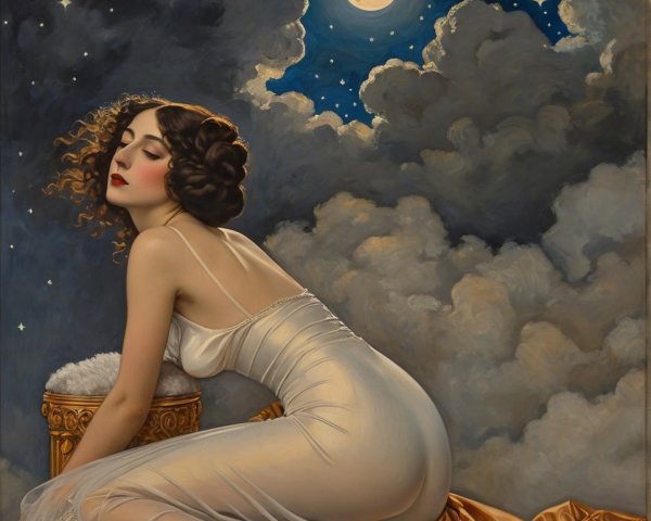 Ethereal Woman in Nightgown Against Moonlit Sky