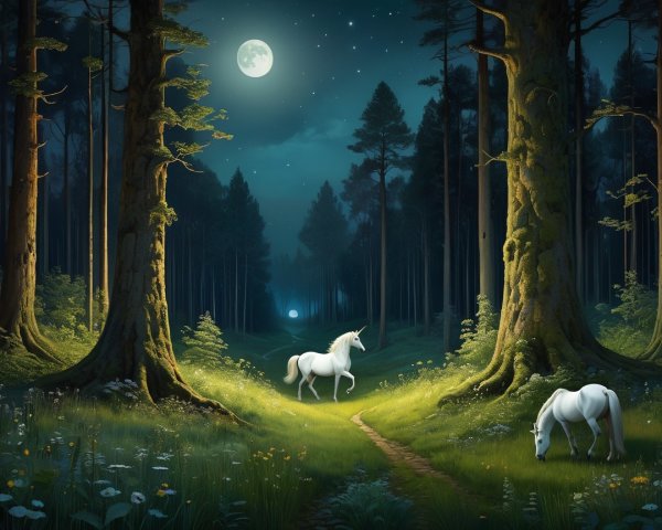 Unicorns in a Moonlit Forest with Vibrant Flora