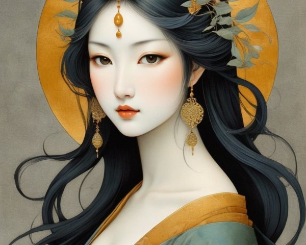 Ethereal Woman in Blue and Gold with Floral Accents