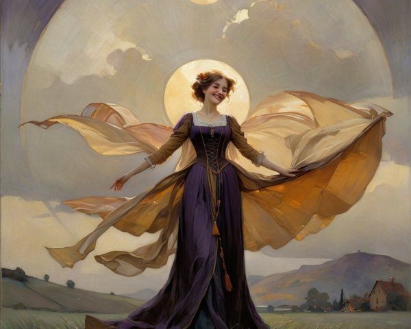 Woman in Purple Gown in Serene Landscape Setting