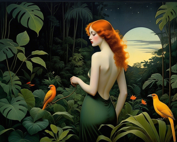 Young Woman in Green Dress in Jungle Scene
