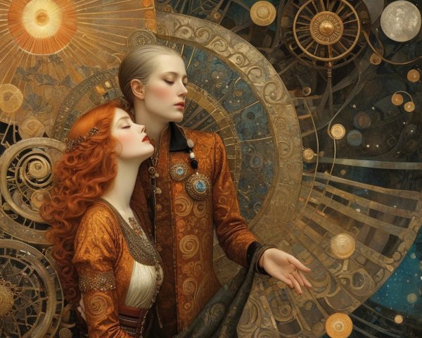 Ethereal Women in Celestial Patterns and Art Nouveau Style