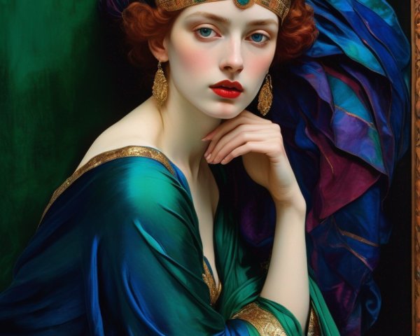Red-haired woman in blue and gold dress with jeweled headdress on green background