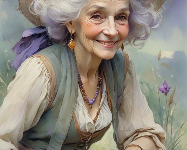 Elderly Woman in Vintage Dress Surrounded by Flowers