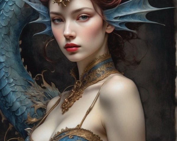 Fantasy illustration of woman in gold and blue clothing with dragon companion.