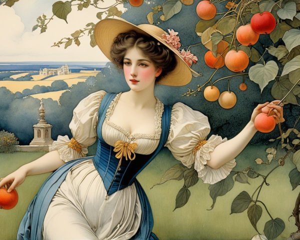 Young Woman in Vintage Dress Under Apple Tree