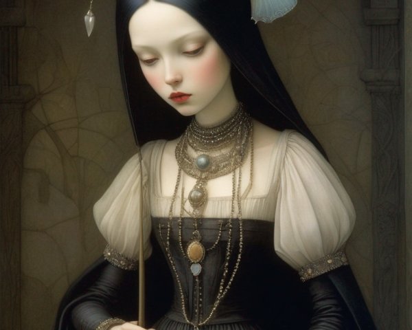 Regal woman in black and white dress with crown and scepter, adorned with jewelry.