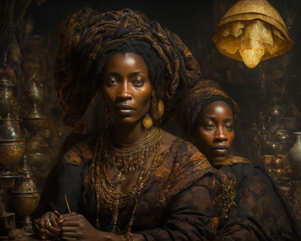 Portrait of Dark-Skinned Women with Gold Accents