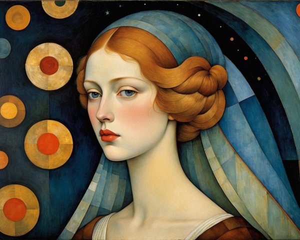 Art Deco Oil Painting of Woman in Teal Hood and Dress