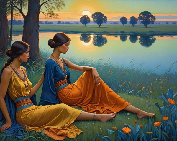 Women by a tranquil river at sunset in nature