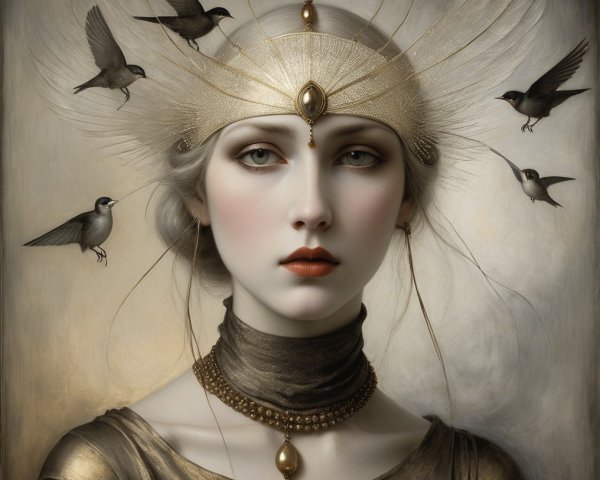 Serene Portrait of a Young Woman with Birds