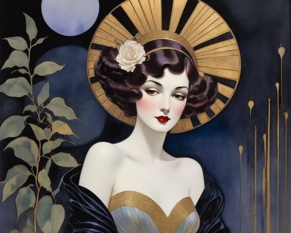 Art Deco Illustration of Woman with Golden Halo