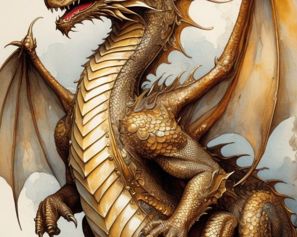 Detailed golden dragon with red eyes and wings on cloud background