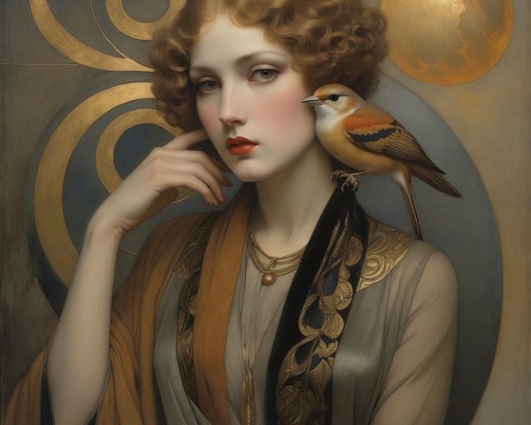 Thoughtful Woman with Bird in Artistic Background