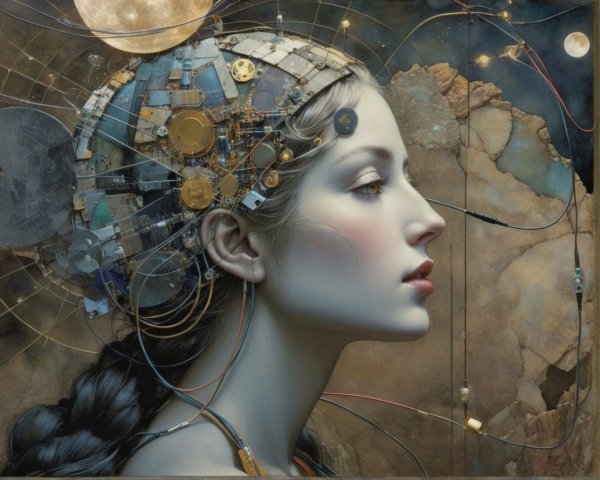 Woman in Profile with Mechanical Hair Elements