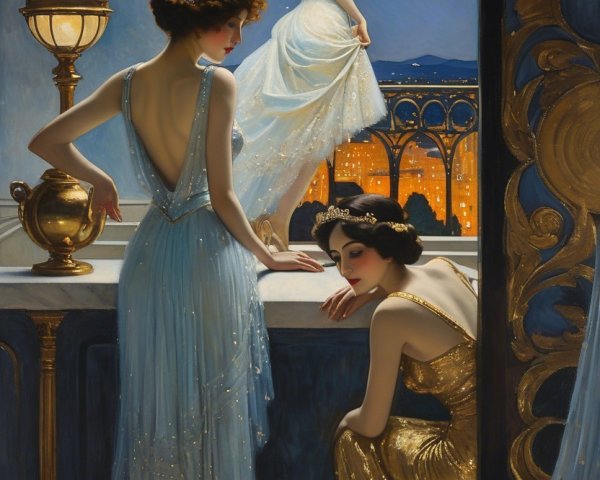 Elegantly Dressed Women in Luxurious Room Setting
