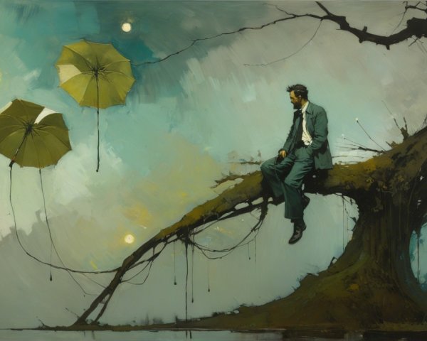 Solitary Figure on Branch with Floating Umbrellas