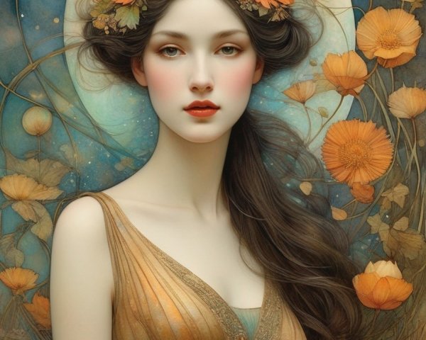 Portrait of woman with pale skin, dark hair, golden dress, and floral motifs.