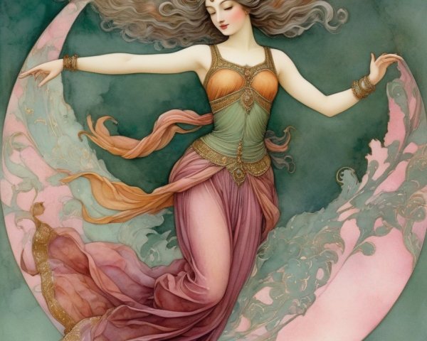 Ethereal Woman Dancing in a Crescent Moon Aura