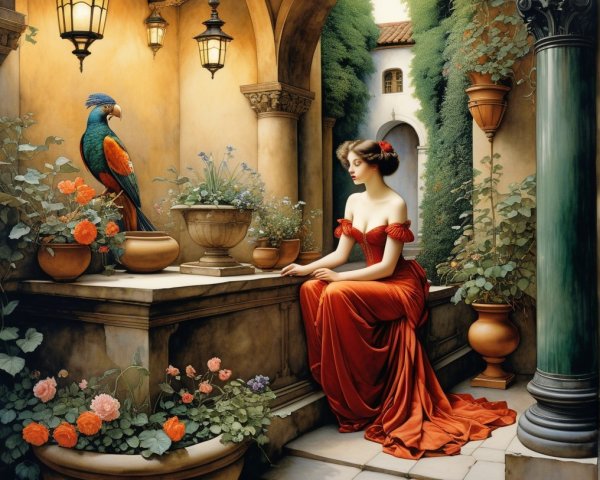 Serene courtyard scene with woman in red dress and parrot