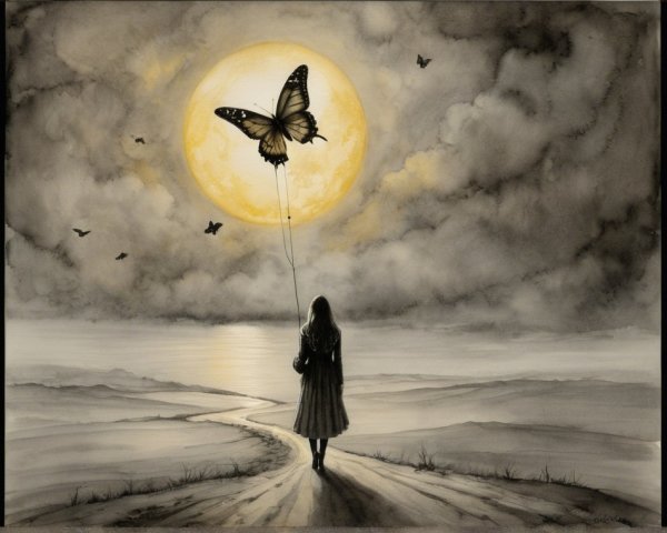 Solitary Figure on Winding Path Under Luminous Moon
