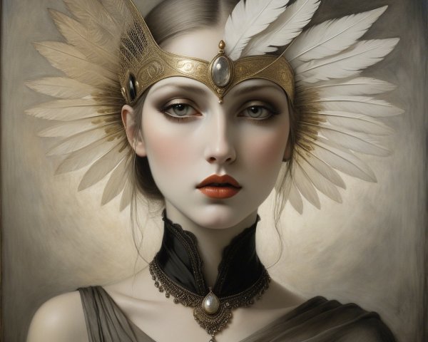 Elegant Woman with Feathered Headdress and Choker
