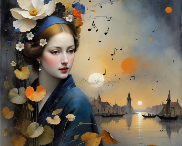 Serene Portrait of a Woman with Flowers at Sunset