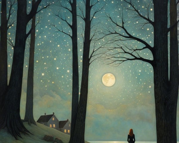 Serene Night Scene with Moonlit Lake and Trees