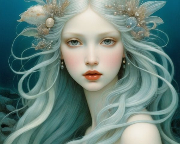 Fantasy portrait: Pale woman with silver hair, pearl headdress, white flowers, blue background