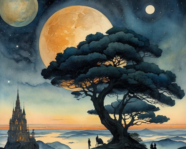 Majestic Castle and Tree Under Starry Twilight Sky