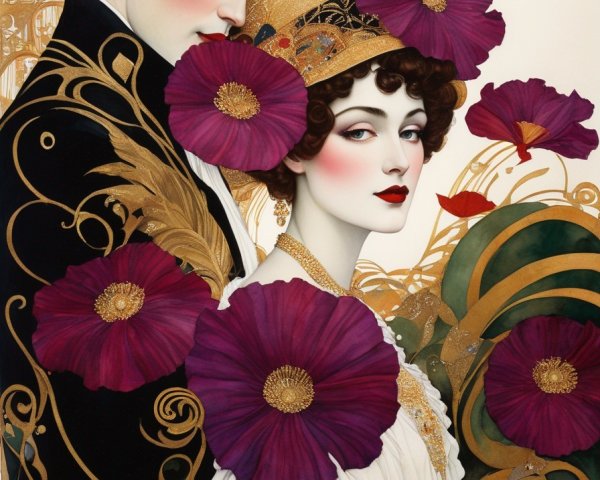 Vintage-style painting of man and woman in elegant attire with burgundy flowers and gold Art Nouveau details