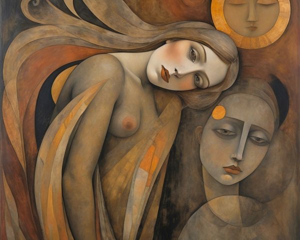 Stylized Figures in Ethereal Artwork with Warm Tones