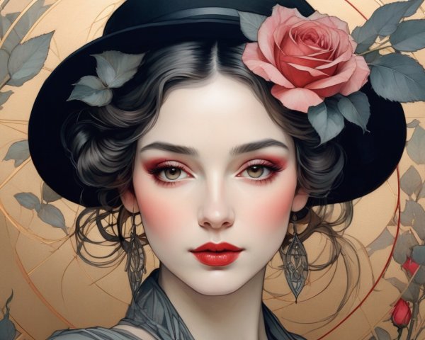 Portrait of a woman with red makeup and black hat