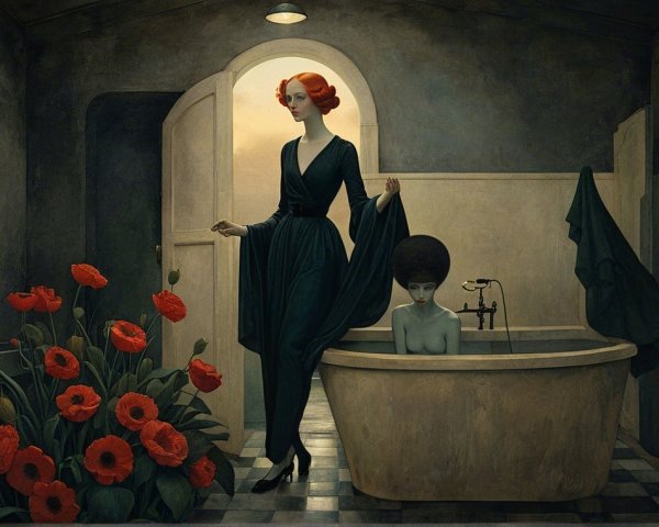 Figures in a Dimly Lit Bathroom with Vintage Bathtub