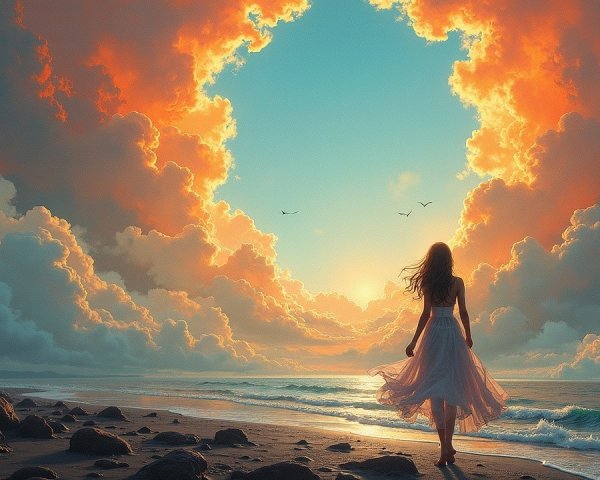 Serene beach scene with sunset and gentle waves