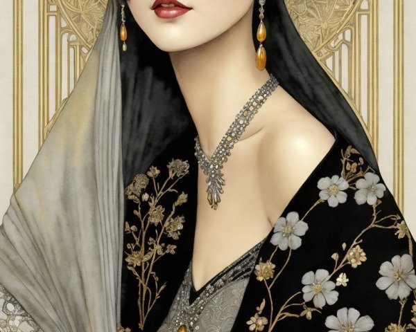 Portrait of a Woman in Black Kimono with Floral Patterns