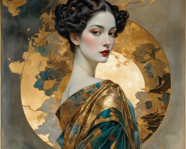 Elegant woman with red lips and teal shawl against moon and gold motifs