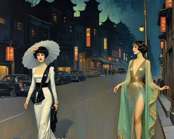 Vintage Glamour in a Moonlit Street Scene