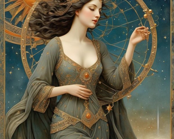 Serene Woman in Gown Against Celestial Background