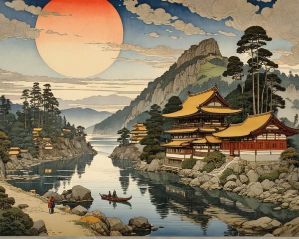 Japanese Temple by Calm River at Sunset
