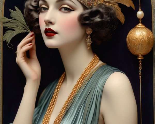 Art Deco Style Woman in Beaded Headpiece and Gown