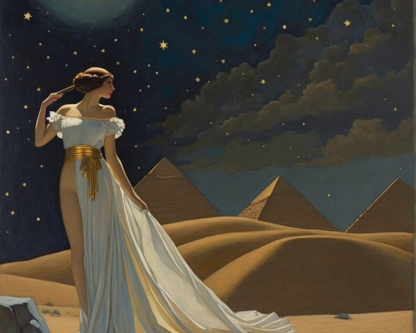 Graceful Figure in White Gown Under Starry Sky